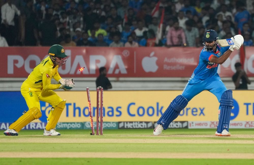 Shreyas Iyer plays down the wrong line to lose his stumps