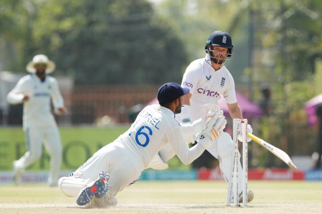 A a fabulous piece of wicketkeeping from Dhruv Jurel runs out Ben Duckett.