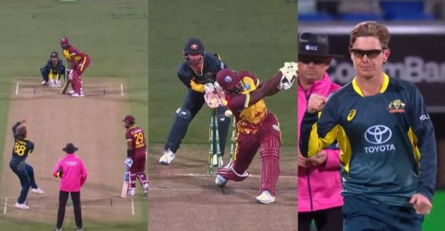 Adam Zampa knocks over big-hitting Andre Russell for 1