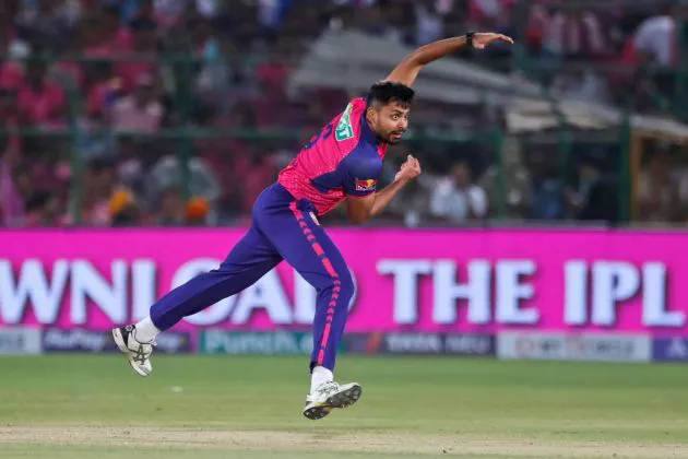 Rajasthan Royals' Avesh Khan bowls a delivery during the Indian Premier League cricket match between Delhi Capitals and Rajasthan Royals in Jaipur, India, Thursday, March 28, 2024