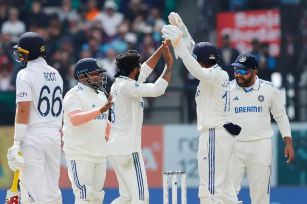 Ravindra Jadeja of India celebrating the wicket of Joe Root of England during the first day of the 5th test between India and England held at the Himachal Pradesh Cricket Association Stadium, Dharamshala on the 7th March 2024