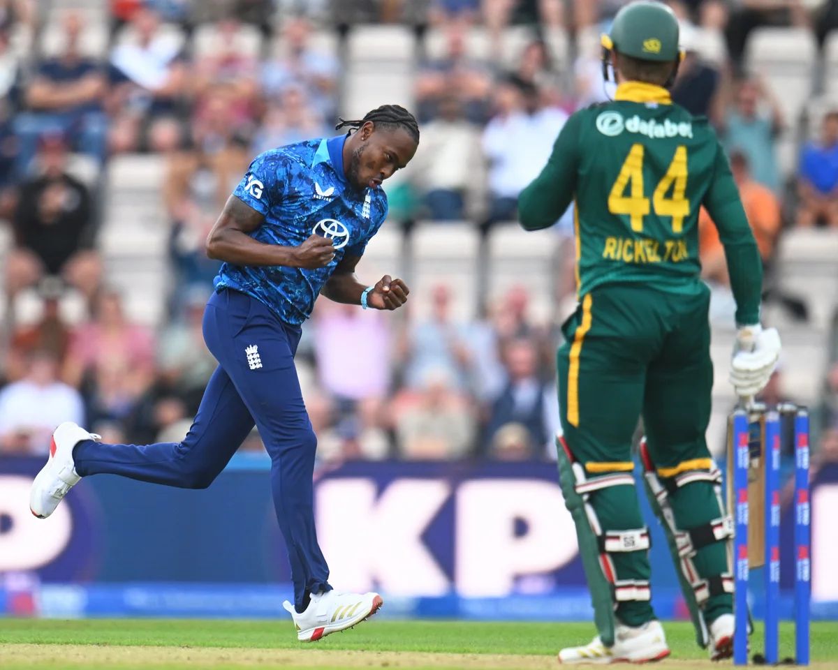 Jofra Archer celebrates the wicket of opener Ryan Rickleton.